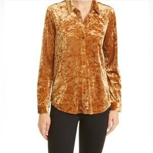 L'AGENCE Laurent Crushed Velvet Button-Down Shirt in Golden Amber